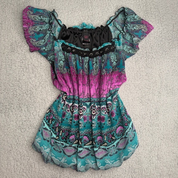 Wrapper Tops - Wrapper boho paisley peasant top beaded flutter sleeve blue pink size XL Y2K